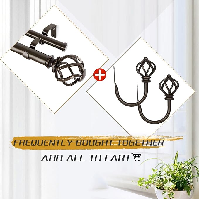 KAMANINA 1 Inch Double Curtain Rod 140 to 195 Inches (12-16 Feet), Antique Bronze Curtain Rods for Windows 60 to 191, Heavy Duty Telescoping Drapery Rods with Twisted Cage Finials