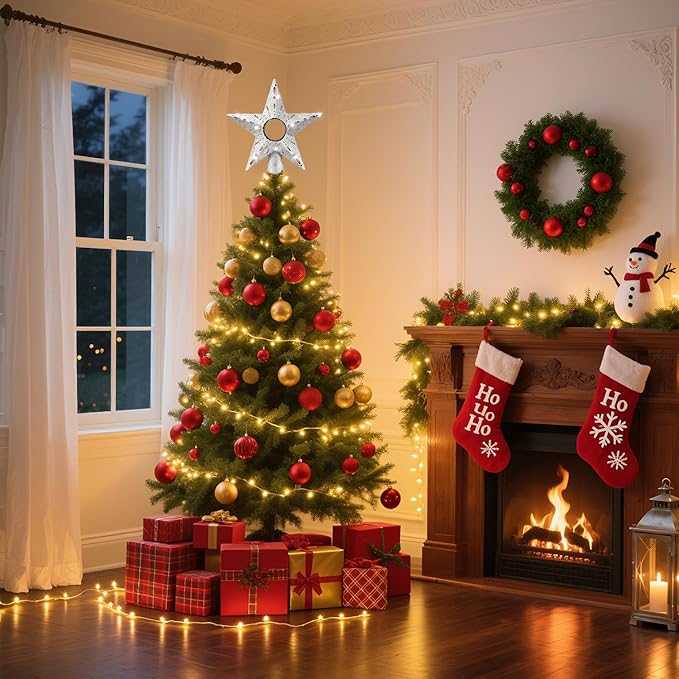 Silver Christmas Tree Topper Star, 12 Inch Glitter Tree Top Decoration, Sparkling Star Ornament for Christmas Tree, Durable ABS Plastic Holiday Decor Accessory, Xmas Tree Topper for Home and Party