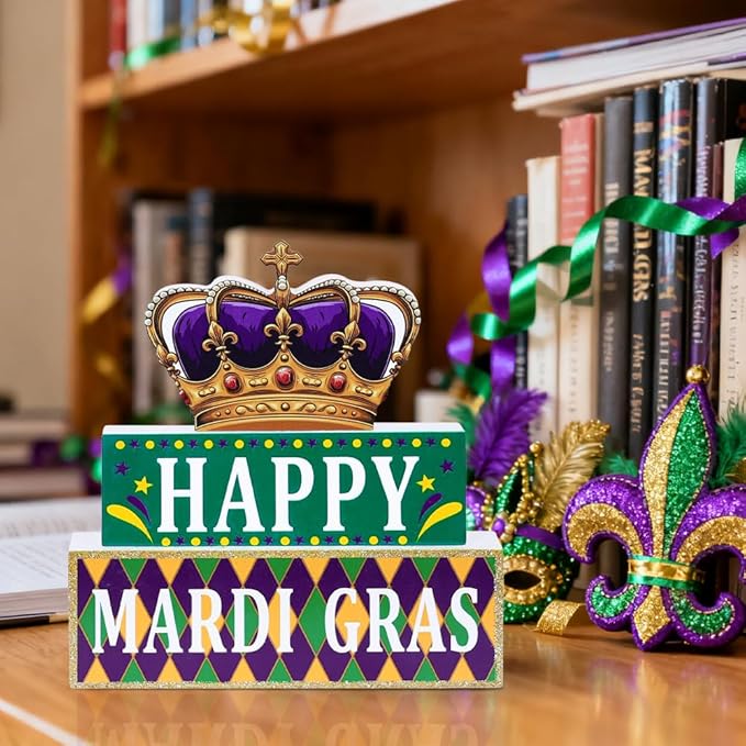MEETYAMOR Mardi Gras Decorations, Wood Block Crown HAPPY MARDI GRAS Sign Table Decor, Glitter 3-Layered Wooden Mardi Gras Centerpieces for Tables Party Home Room Tiered Tray Shelf Tabletop Mantel