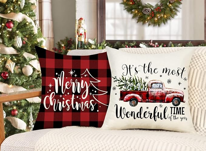 4TH Emotion Buffalo Check Christmas Pillow Covers 18x18 Set of 4 Red Black Farmhouse Christmas Decorations Winter Holiday Decor Throw Cushion Case for Home Couch S22C38