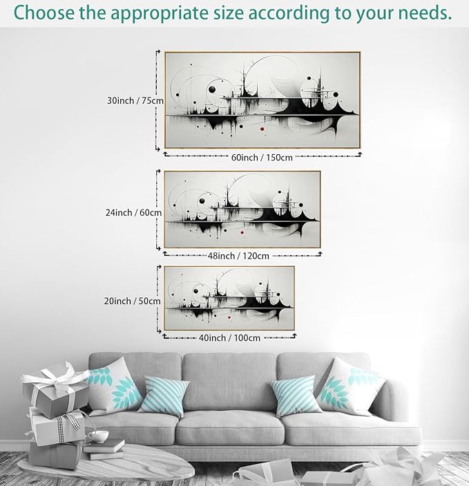 Wall Art Modern Artwork Black And White Canvas Painting Geometric Line Art Wall Decor for Living Room Bedroom Dining Room Home Office Decor 30"x60" with Framed