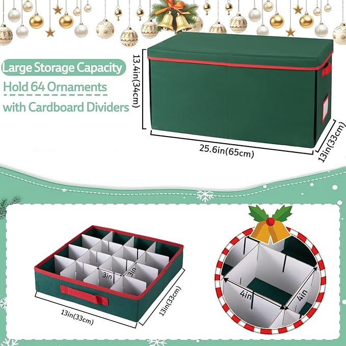 OIAHOMY Christmas Ornament storage Box with Adjustable Dividers, Christmas Storage Container with Side Open Stores up to 128-3" Ornaments, 8 Removable Drawer Style Trays - Red
