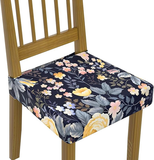 Stretch Dining Chair Seat Covers Set of 6,Dining Chair Slipcovers, Floral Printed Chair Covers,Soft Fabric Washable Upholstered Chair Seat Protector, No Rear Covers for Home Kitchen Dining Room