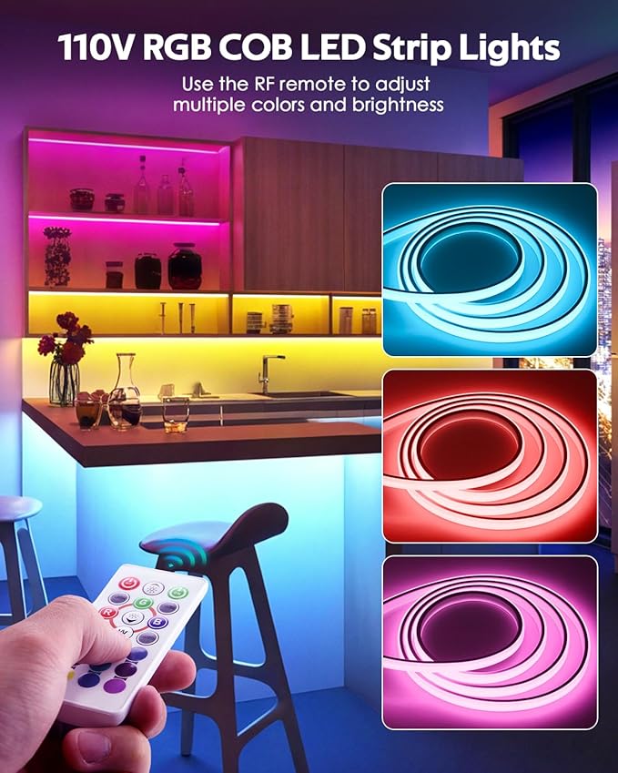 16.4FT 110V RGB COB LED Strip Light with Remote Smart Waterproof Outdoor RGB COB Neon Rope Light 576LEDs/M Color Changing Dimmable LED Light Strip AC 110V~130V for Bedroom Home Commercial Lighting