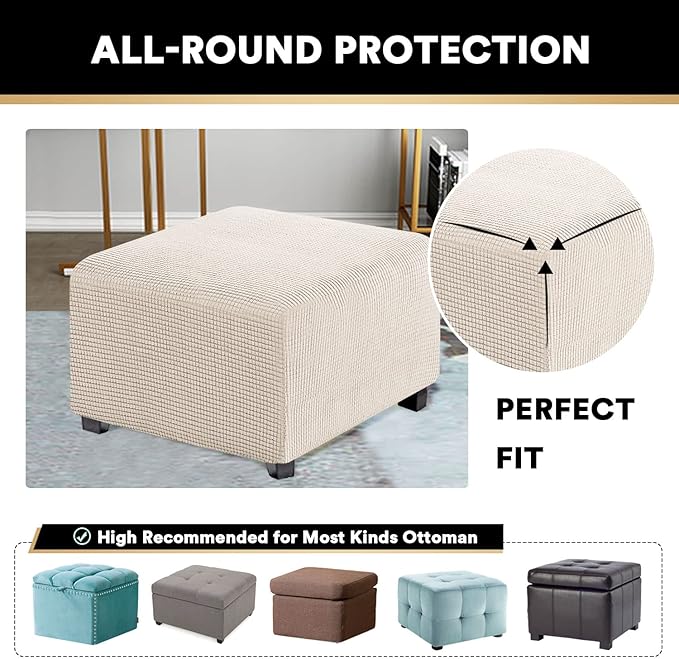 PrinceDeco Stretch Ottoman Cover Ottoman Slipcovers Square for Living Room Foot Stool Stretch Covers to Fit Ottoman Foot Rest, Thick Checked Jacquard Fabric with Elastic Bottom (Medium Size, Ivory)