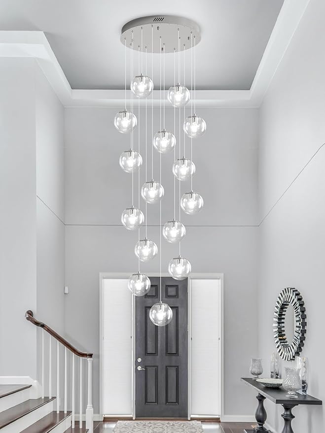 H138 LED Staircase Chandelier 15-Lights Glass Globe Pendant Light Large Chandeliers for High Ceilings, Entryway Modern Lighting Fixture Villas and Stairs