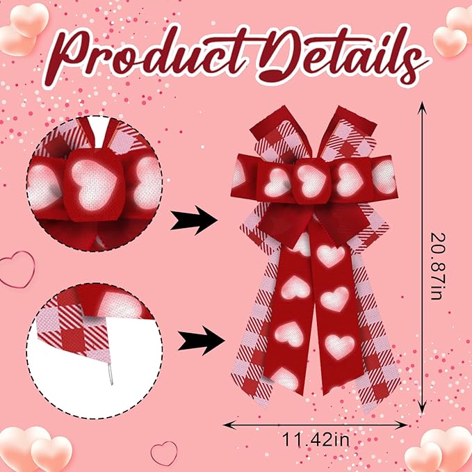 Large Valentine's Day Wreath Bows Valentines Pink Plaids Red Love Hearts Burlap Fabric Bows for Wreath Valentines Decor Ribbon Bows for Valentine's Day Party Wedding Indoor Outdoor Decoration Supplies