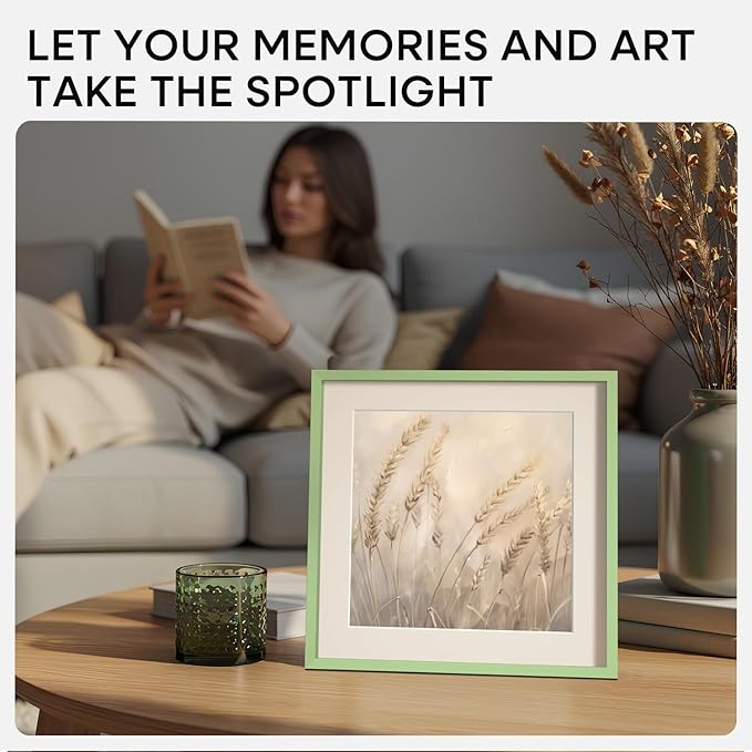 Homeforia 8x8 Sage Green Frame, High End Metal 8 x 8 Square Picture Frames with Mat 6 by 6 Photo, 8x8 Display Frame Matted to 6x6 Print, 8by8 Wall or Tabletop Frames, Tempered Glass, Wall Kit, Set of 2