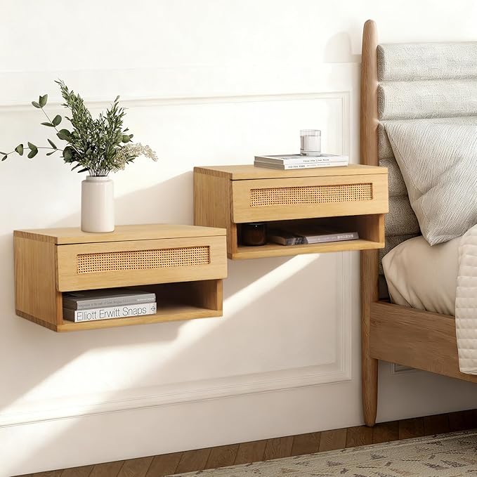 Floating Nightstand, Wall Mounted Rattan Bedside Bedroom with Drawer Nightstand, Small Floating Shelves, Floating Wood Bedside Table for Living Room Bathroom Natural 16”x 10”x 8”