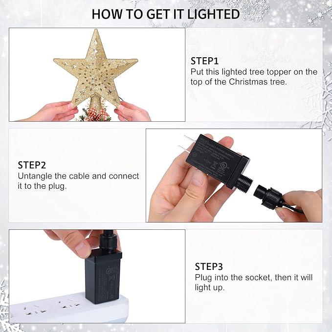 BLOOMWIN Christmas Tree Topper Lighted with Snowflake Projector, LED Rotating Hollow Snowflake, 3D Glitter Lighted Gold Star Tree Topper for Xmas Tree Festival Decorations Lights