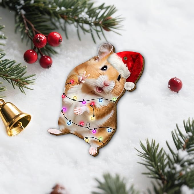 Christmas Ornament - Wooden, 2-Side Printed Hamster, Hanging for Tree, Xmas Decoration, Gift for Hamster Lovers