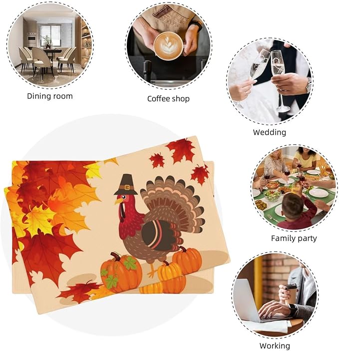 Thanksgiving Day Placemats, Autumn Red Orange Maple Leaves Fall Funny Turkey Pumpkins Table Mats for Harvest Holiday Indoor Outdoor Table Decoration, 4PCS
