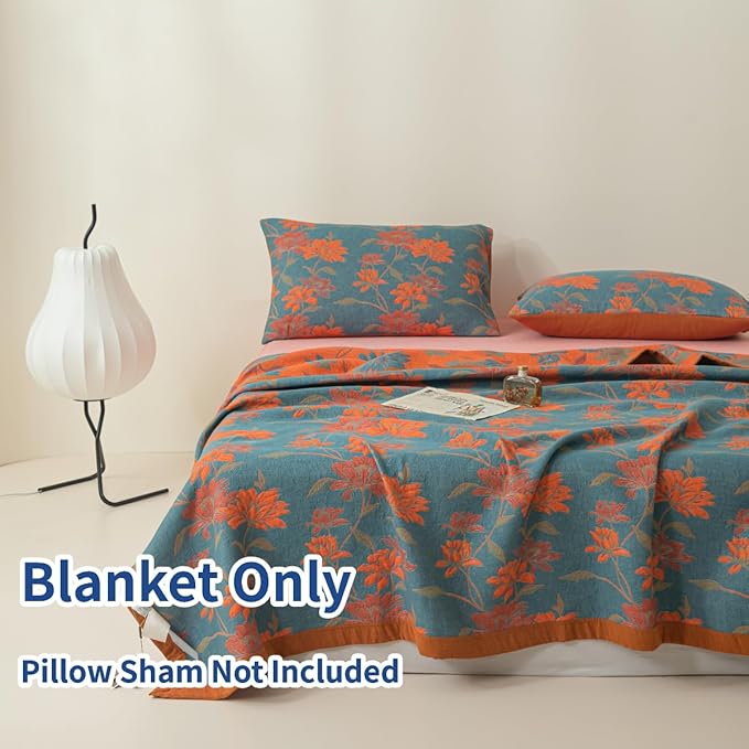 100% Cotton Muslin Blanket Jacquard Floral Flowers Bloosom Print Quilt, Soft Bed Cover 3 Layers Reversible Bedspread Coverlet Breathable Lightweight Bedding Twin(59"x94"), No Pillow Sham