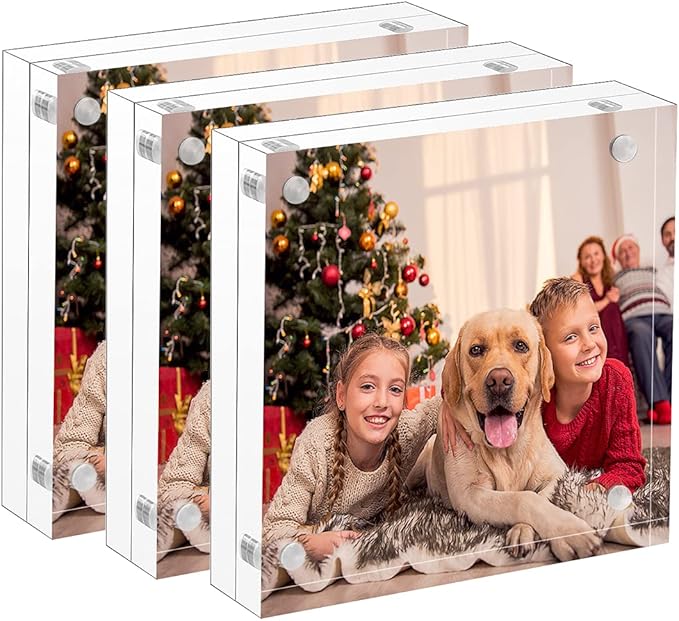 NIUBEE 5x5 Clear Acrylic Picture Frames 3 Pack, 20% Thicker Blocks Self Standing Magnetic Photo Frame, Desktop Card Display