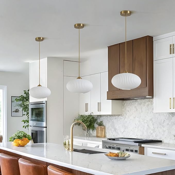 Mid Century Modern Gold Globe Pendant Light Antique Brass Pendant Lights Kitchen Island Large Milk Glass Pendant Light Ribbed Glass Ceiling Hanging Light for Living Room Dining Room