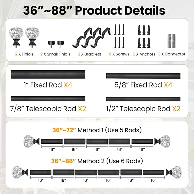 Matte Black Double Curtain Rod for Windows 48 to 84 Inch: Double Window Treatment Curtain Rod Heavy Duty Adjustable from48 to 84 Inch - Silver Foil Resin Finials and Double Curtain Rod