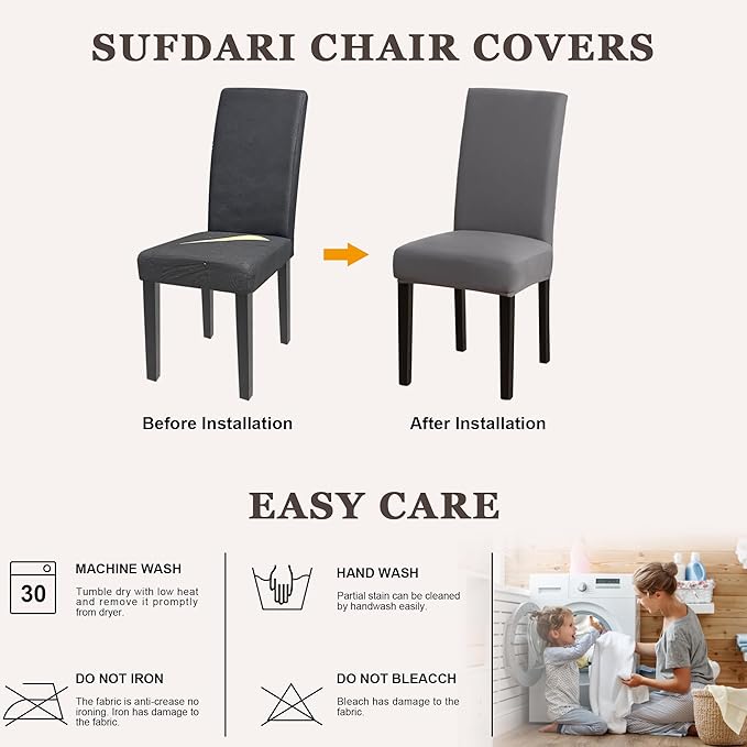 Sufdari Dining Chair Covers,Kitchen Chair Cover,Parsons Chair Slipcover,Spandex Chair Protectors for Dining Room Stretch Chairs Cover Set of 2 -Gray