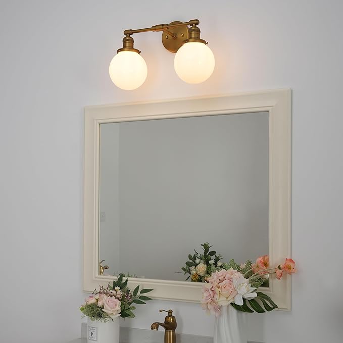 Pathson Milk White 2-Light Wall Sconces, Hardwired Bathroom Sconces for Mirror, Globe Glass Wall Vanity Lights Vintage Wall Sconce Lamp for Living Room Bedroom Farmhouse Lighting