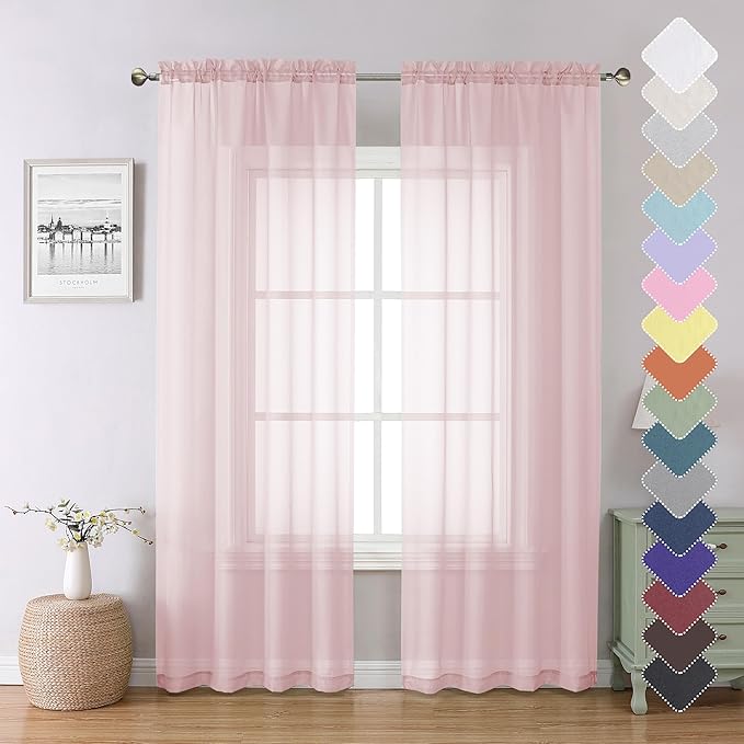 Lecloud Blush Pink Sheer Curtains 84 Inches Long 2 Panels Set, Light Filtering Window Curtains for Living Room Bedroom, Solid Voile French Door/Dining Room Drapes with Dual Rod Pocket, 40" W X 84" L