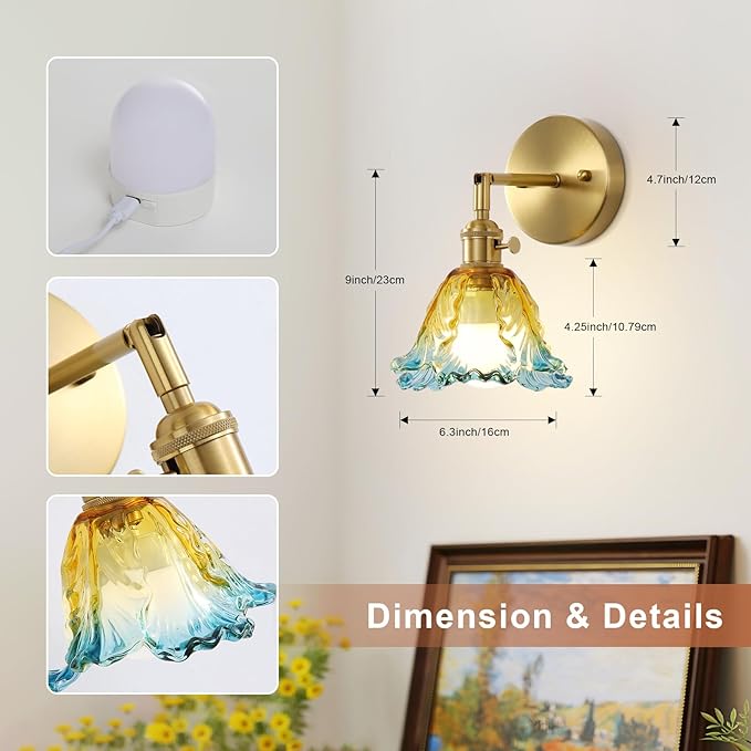 2 Pack Vintage Battery Operated Wall Sconces, Cabbage Yellow Lampshade & 180 Degree Adjustable, Wireless Rechargeable RGB Wall Light with Remote Control, for Bedroom Living Room Hallway Aisle
