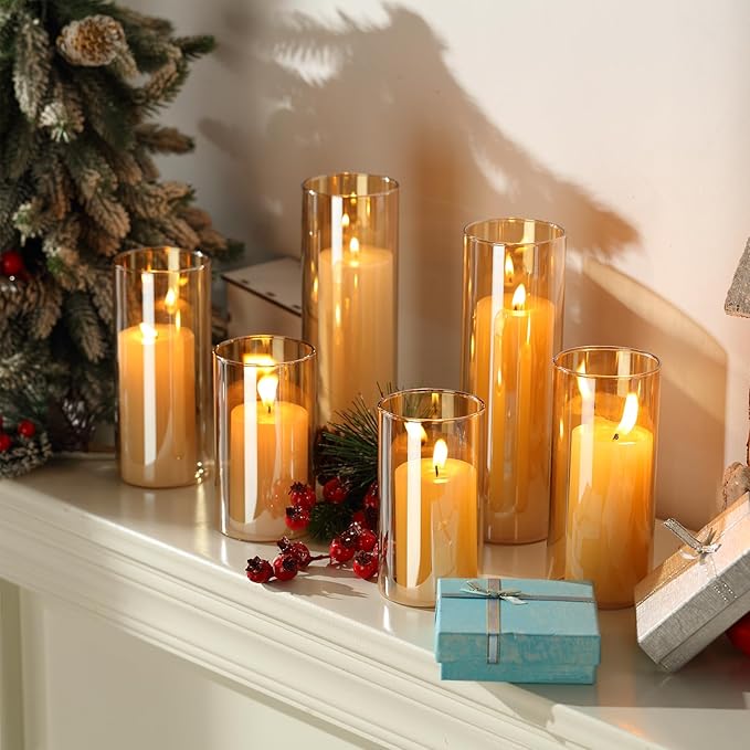 Shihanee 36 Pcs Pillar Candles and Glass Cylinder Vases Tall Cylinder Holders for Pillar Candles Wedding Centerpieces, Total 18 Sets(2.6'' X 4.7'', 5.9'', 7.9'',Amble,Ivory White)