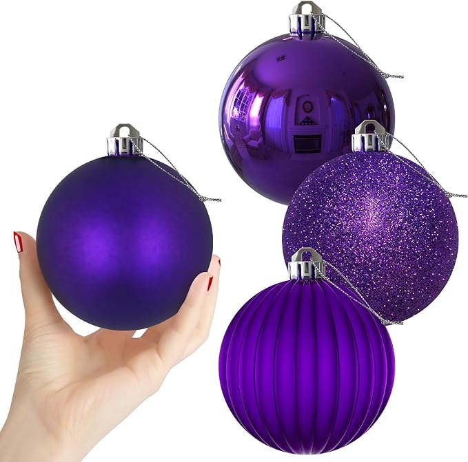 Purple 4.0" Large Christmas Balls - Christmas Tree Decoration Ornaments Shatterproof Hanging Balls for Birthday Halloween Holiday Wedding Decorations Set of 4pcs