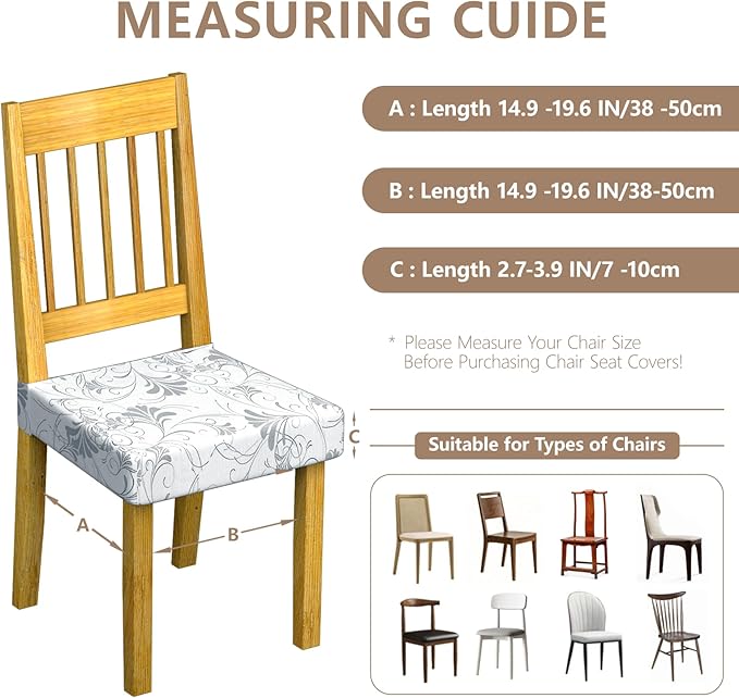 Stretch Dining Chair Seat Covers Set of 6,Dining Chair Slipcovers, Floral Printed Chair Covers,Soft Fabric Washable Upholstered Chair Seat Protector, No Rear Covers for Home Kitchen Dining Room
