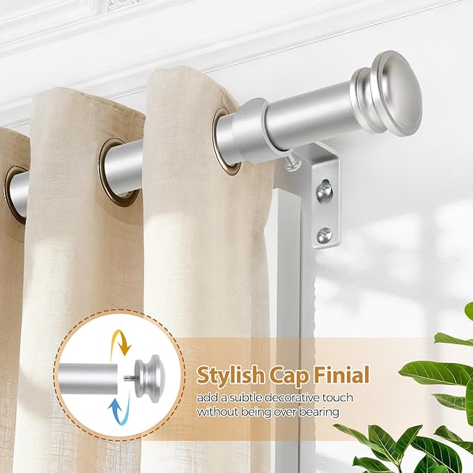 TONIAL 2 Pack Curtain Rods for Windows 48 to 84 Inch, Telescoping Splicing 3/4 Inch Single Rods for Windows Decorative Drapery Rod 32 to 86 with Small Finial, Silver