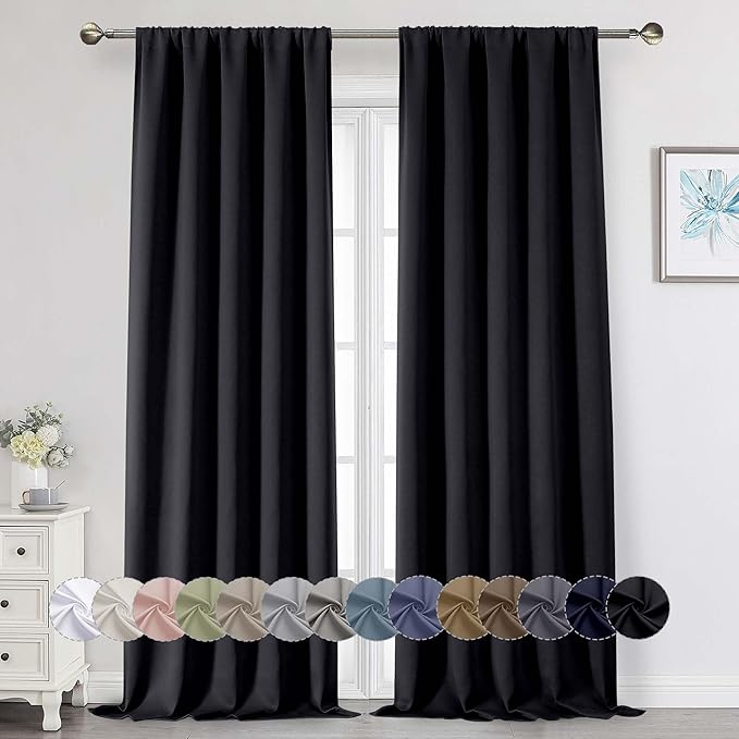 Black Blackout Curtains for Bedroom Living Room 96 Inches Long 2 Panels, Soft Solid Room Darkening Thermal Insulated Window Treatments, Rod Pocket Curtain, 50" Wx96 L