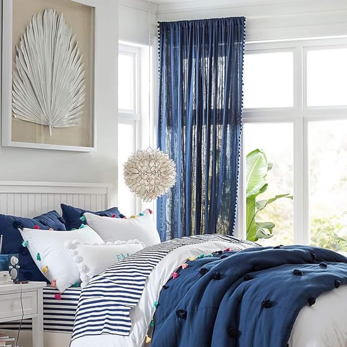 Treatmentex Pompom Sheer Window Curtains for Boy's Bedroom Guest Room Navy Blue Slub Textured Sheer Drapes for Window Office 108" Length, 52" w x 2 Pack Rod Pocket