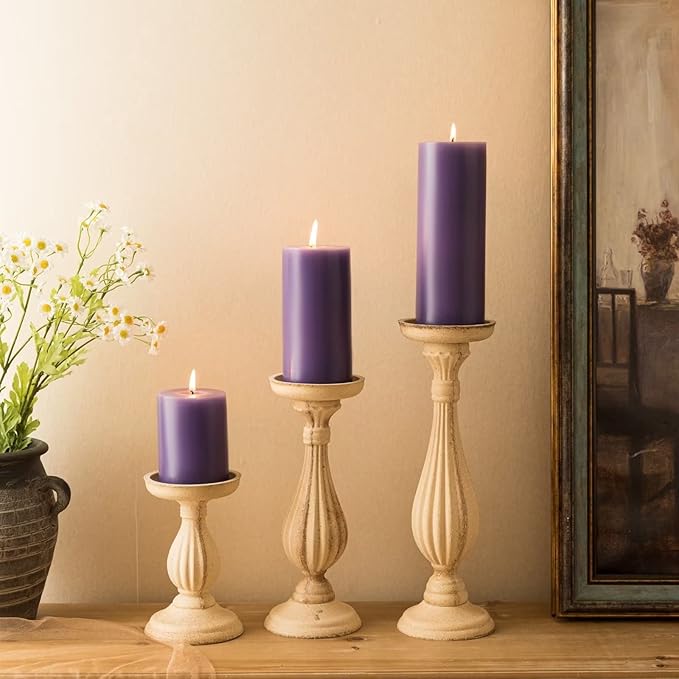 MOZEAL 3" x 4" Hand-Poured Unscented Candle,Dripless Pillar Candle Set of 3,Long Clean Burning,Approx 72 Hours Burn Time,Rustic Country Style,Wedding,Dinner,Christmas and Home Decor,Purple