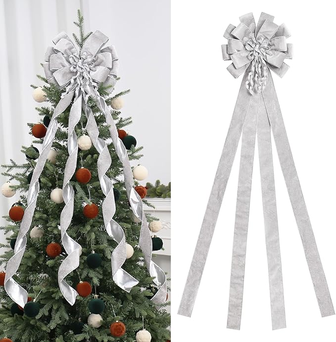 SY Super Bang Velvet Christmas Tree Topper, Silver/Gold 48x12 Inch Christmas Bow Tree Topper for Xmas Tree Decorations, for Xmas Ornaments Holiday Home Indoor/Outdoor Wedding Thanksgiving Decor.