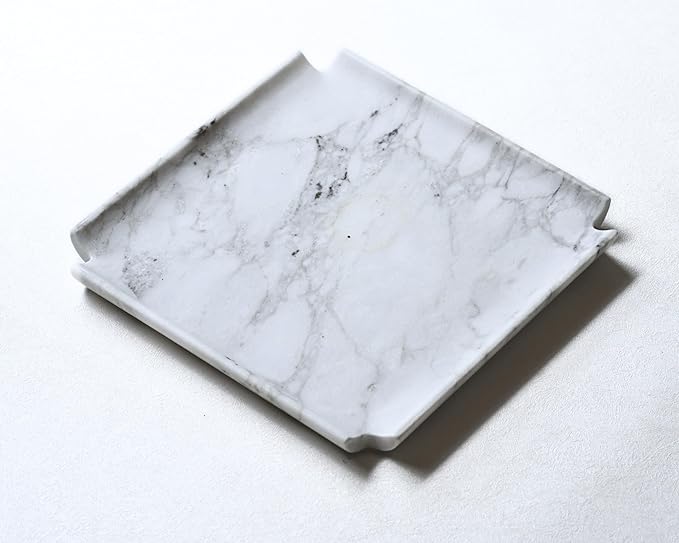 Astavostone White Marble Tray 8'' – Luxurious Square Decorative Tray for Fruit, Desserts, Candles, Key Jewelry & Perfume on Coffee Table, Island & Bathroom Vanity (Cal-White)
