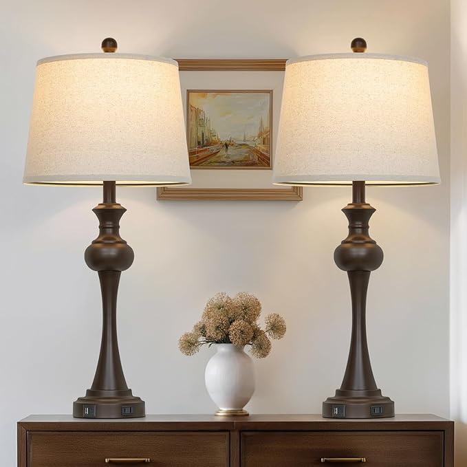 Touch Table Lamps Set of 2, 28.75" Tall Bedside Lamps with USB C+A Ports, 3-Way Dimmable Table Lamp, Nightstand lamps for Bedroom, Living Room, Office, Brown Lamps with Beige Lampshade, Bulbs Included
