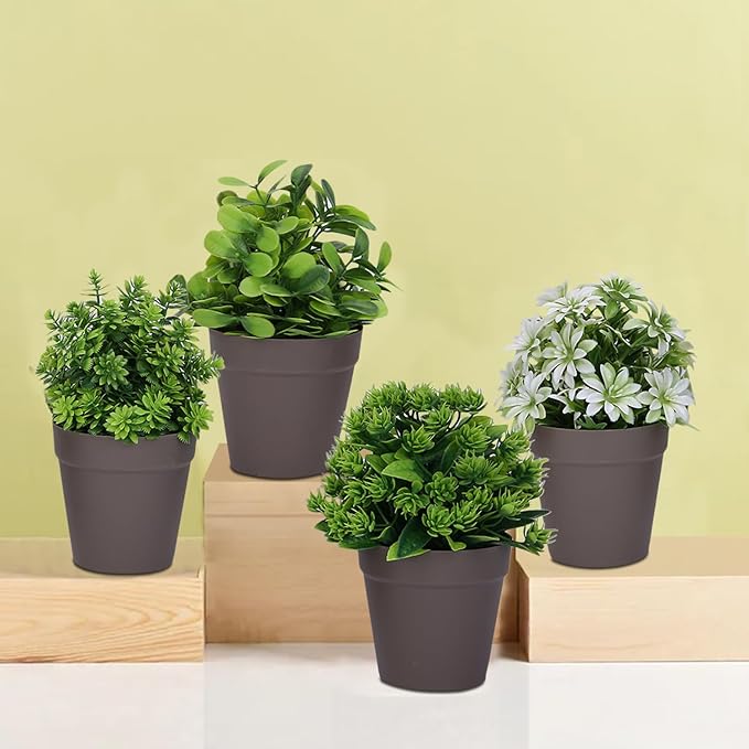 VENTO 4 Pack Fake Artificial Plants with Brown Pots, Realistic Succulent, shrubs Potted Plants for Home, Kitchen, Bathroom, and Office Decor, Durable Non-Toxic Plastic, UV Resistant, Easy to Clean