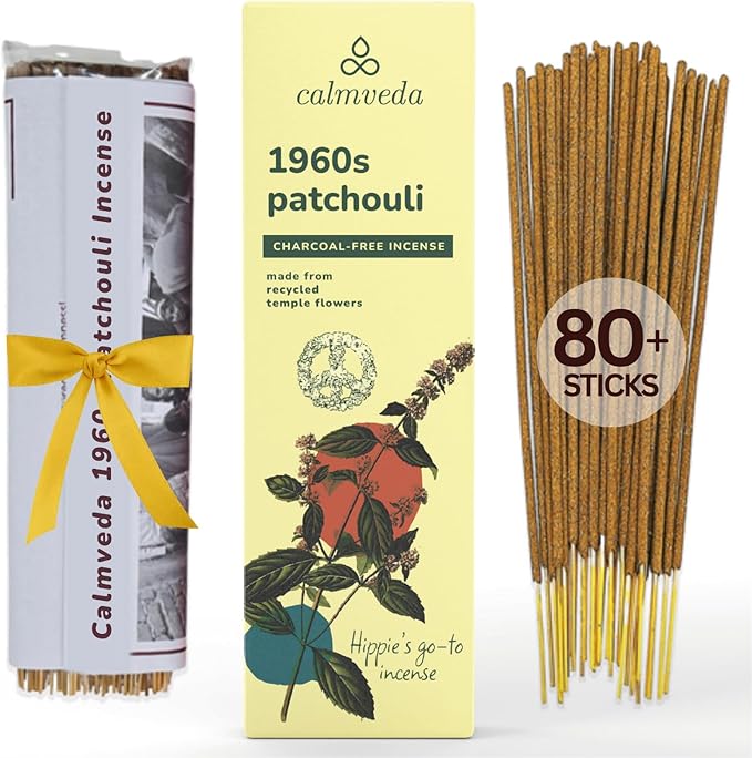 1960s Patchouli Incense Sticks Pack - (80 Sticks) Charcoal Free Incense, Made from Upcycled Flowers | Organic Incense Sticks Non Toxic | Relaxation Pachouli Incense for Calming