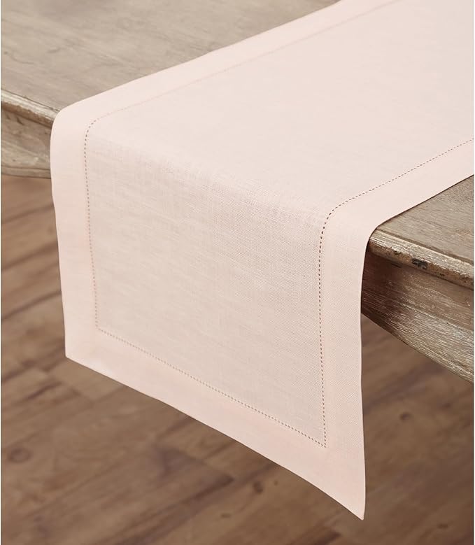 Solino Home Linen Pink Table Runner 48 Inches - Classic Hemstitch, 100% Pure Linen Coffee Table Runner 14 x 48 Inch Ideal for Dresser Tables - Valentines, Spring, Easter