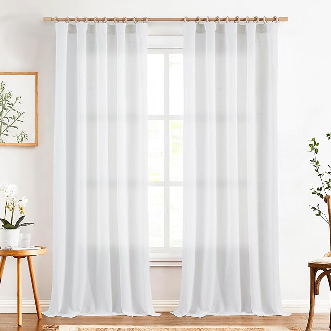 jinchan White Semi Sheer Curtains 96 Inch 2 Panel Light Filtering Linen Blend Drapes for Farmhouse/Coastal Style with Rod Pocket/Back Tab, Breathable Living Room Bedroom Panels (50" W x 96" L)