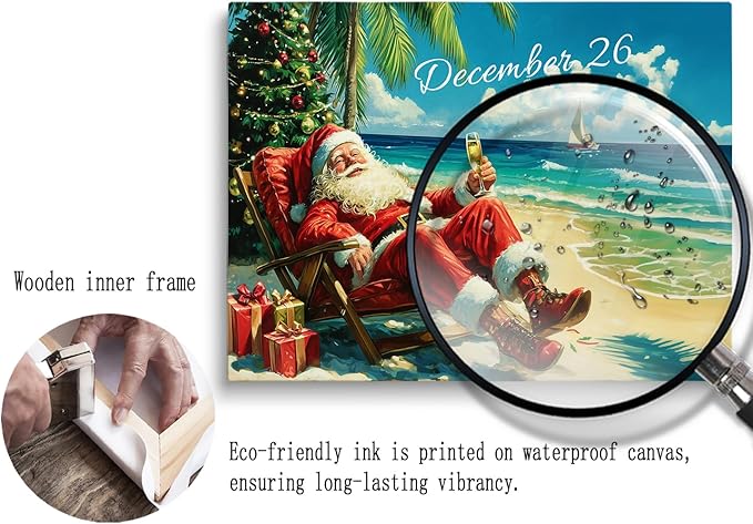 Santa Claus Wall Art - Tropical Christmas Scene, Relaxing Santa on Beach, 24x36 Inch Framed Art for Home, Office, Bedroom