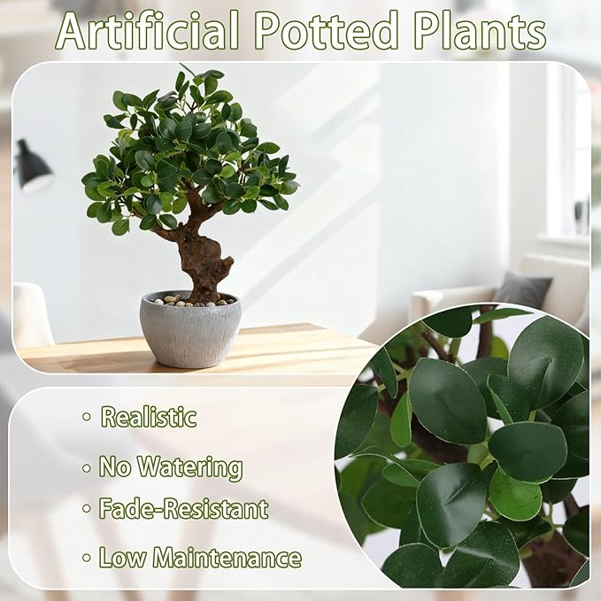 TOARTi Artificial Bonsai Tree Potted Plant with Stone Pot, 15" Tall Fake Potted Faux Plant Desk Decor, Realistic Decorative Plants Indoor Decor for for Home Bedroom Bathroom Office Desk