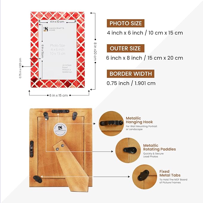 Handicrafts Home Handmade Decorative 4x6 Picture Frame | Unique Boho Chic Home Decor | Moroccan Art Inspired Red Photo Frame for Wall & Tabletop, Colorful Frames for Living Room, Office Decor & Gift