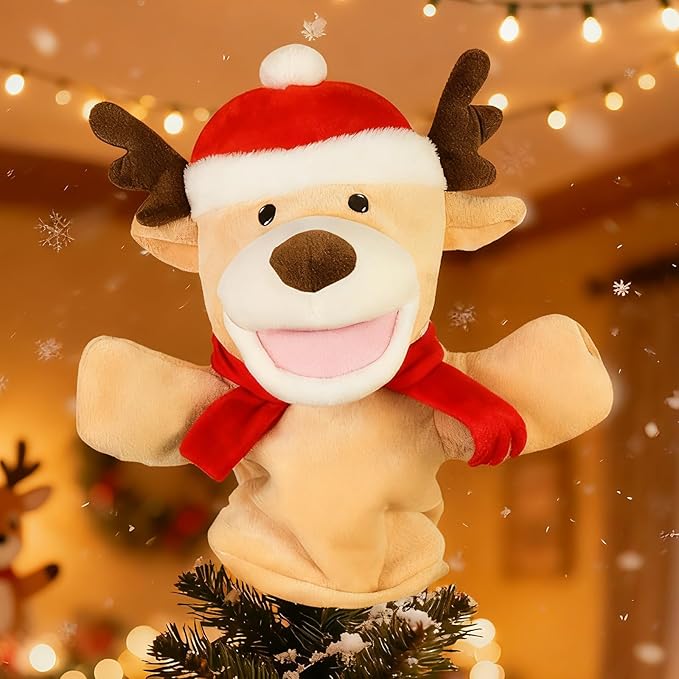 Eyourlife Reindeer Christmas Tree Topper, 11 Inch Plush Stuffed Deer Tree Topper with Red Santa Hat and Scarf, Farmhouse Animal Treetop for Christmas Winter Woodland Holiday Indoor Outdoor Tree Decor
