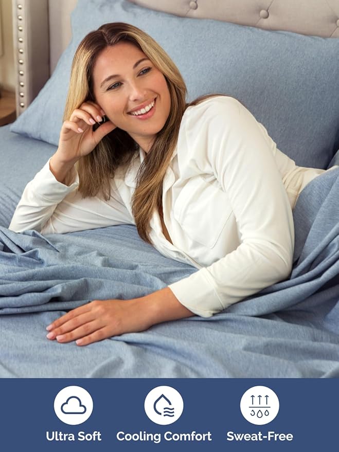 Extra Deep Split King Sheet Set - 7 Piece Breathable & Cooling Sheets - Hotel Luxury Bed Sheets Set - Easy Fit - Soft, Wrinkle Free & Comfy Sheets Set - Heathered Blue Sheet Set w/Extra Deep Pockets