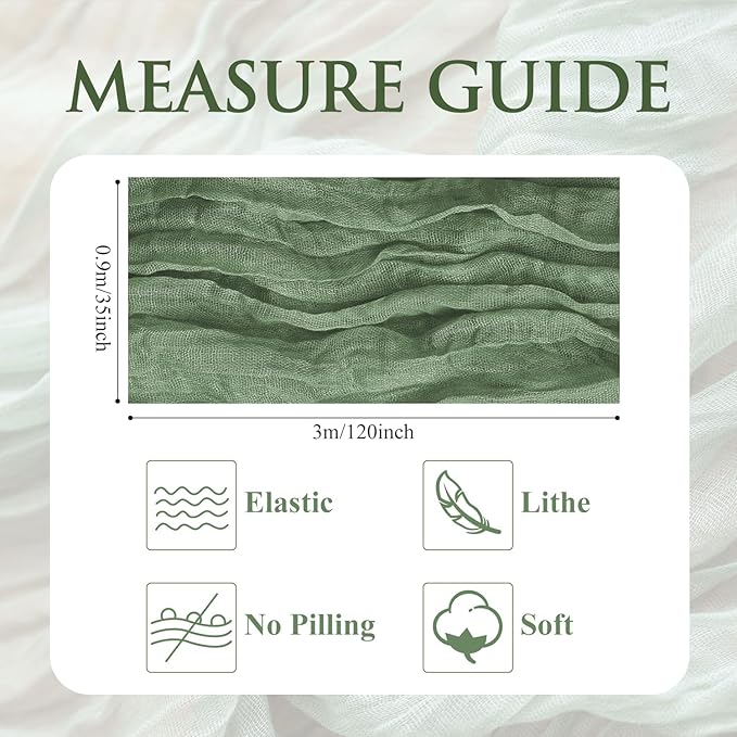 12PCS Table Runner Cheesecloth 10FT Sage Green Boho Gauze Cheese Cloth Rustic Sheer Table Runners for Wedding Bridal Baby Shower Party Decoration