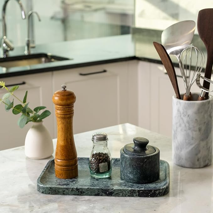 Koville Marble Tray, 12"x8" Natural Marble Vanity Tray for Countertop Bathroom Kitchen Dresser, Decorative Marble Catchall Trays for Perfume Jewelry, Rectangular Stone Serving Tray(Green)
