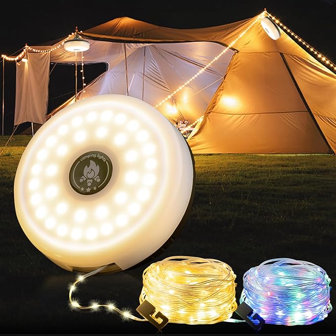 Camping String Lights, 4 in 1 Outdoor Camping Lantern with 8 Lighting Modes(32.8Ft), Quick 30s Recovery, Waterproof, Type-C Fast Charging, Portable Lights for Camping/Yard/Hiking