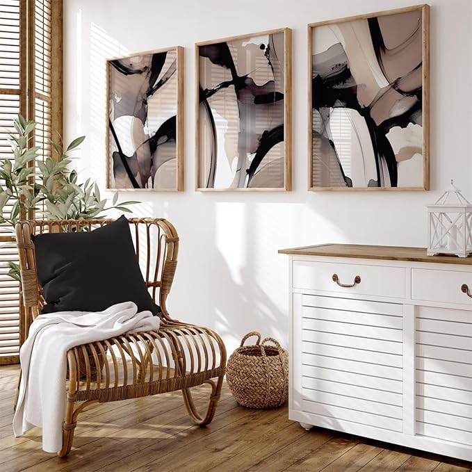 Black Beige Abstract Wall Art Brown Neutral Canvas Wall Decor Minimalist Art Poster Modern Abstract Painting Artwork Watercolor Black Brown Pictures for Living Room Bedroom 16x24 Inch Unframed 3pcs