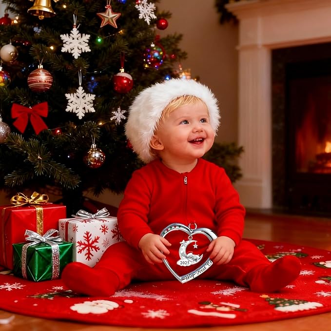 Baby's First Christmas Ornament 2025 My 1st Christmas Decorations 2025 Newborn Keepsake Gifts for Girl Boy Silver Heart with Hanging Bear Moon Star