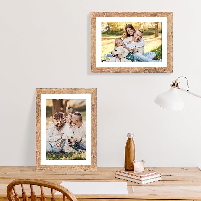 iRahmen 10x14 Picture Frame Set of 4 with Tempered Glass, Rustic Brown Frame Display 8x12 Pictures with Mat or 10 x 14 Without Mat, Wooden Photo Frames for Wall Mounting