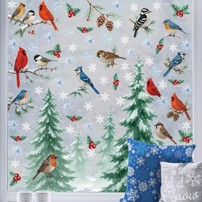 Christmas Tree Window Clings Birds Pine Branch,Cardinal Window Clings,Winter Snowflake Wall Decals Red Birds,Xmas Tree Wall Sticker Snow Winter for Glass Home Party Living Room Kitchen